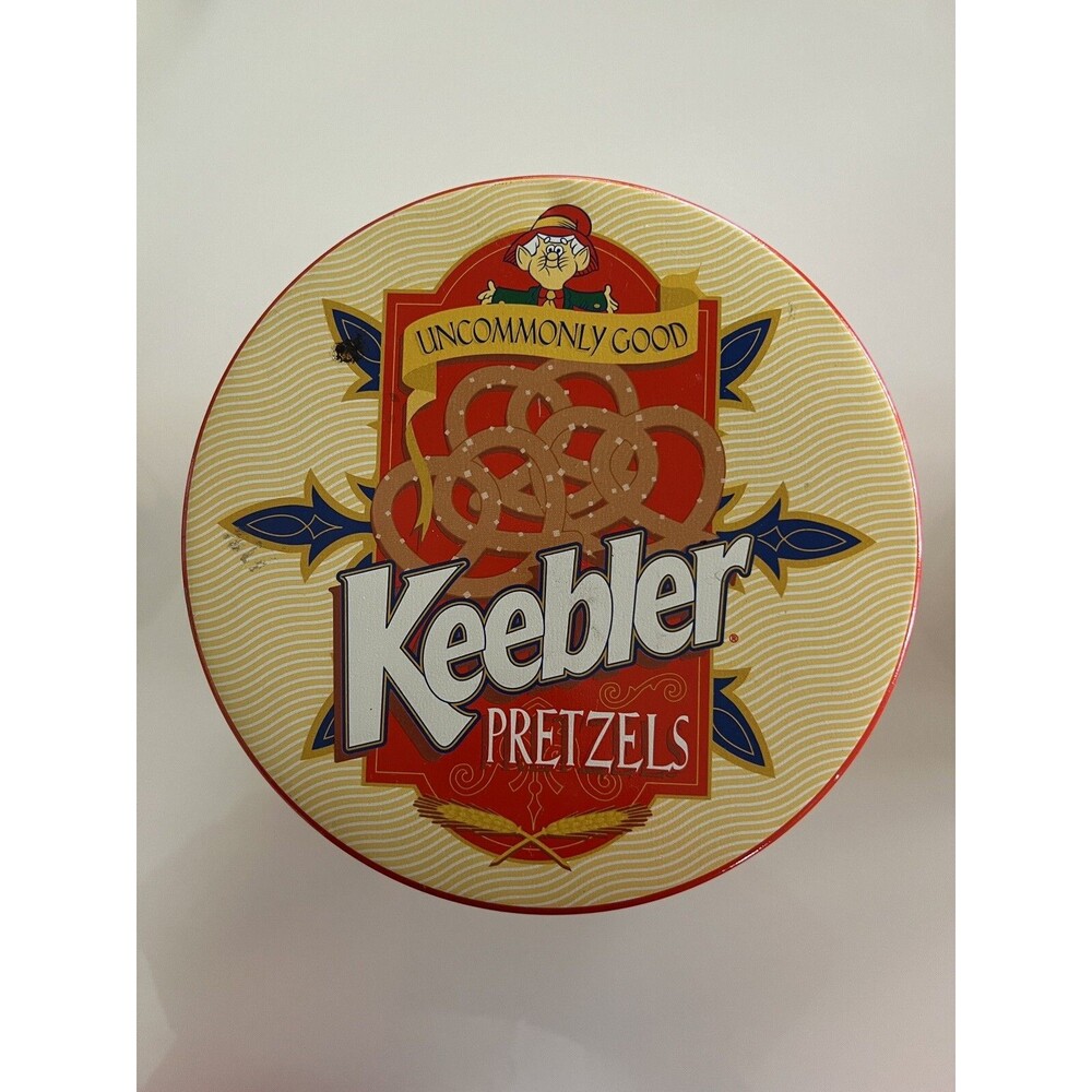 Vintage 1995 Keebler Pretzel Tin Red Yellow Cookie Jar Canister 9” x 7” USA